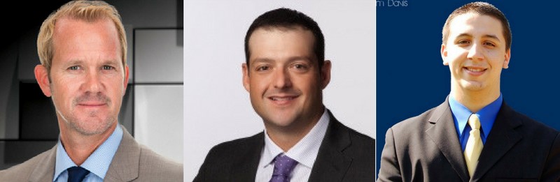 Portraits of three men wearing a suit and tie on various backgrounds